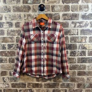 Merrell Orange Burgundy Brown Cream Plaid Button down Shirt Women’s Sz M